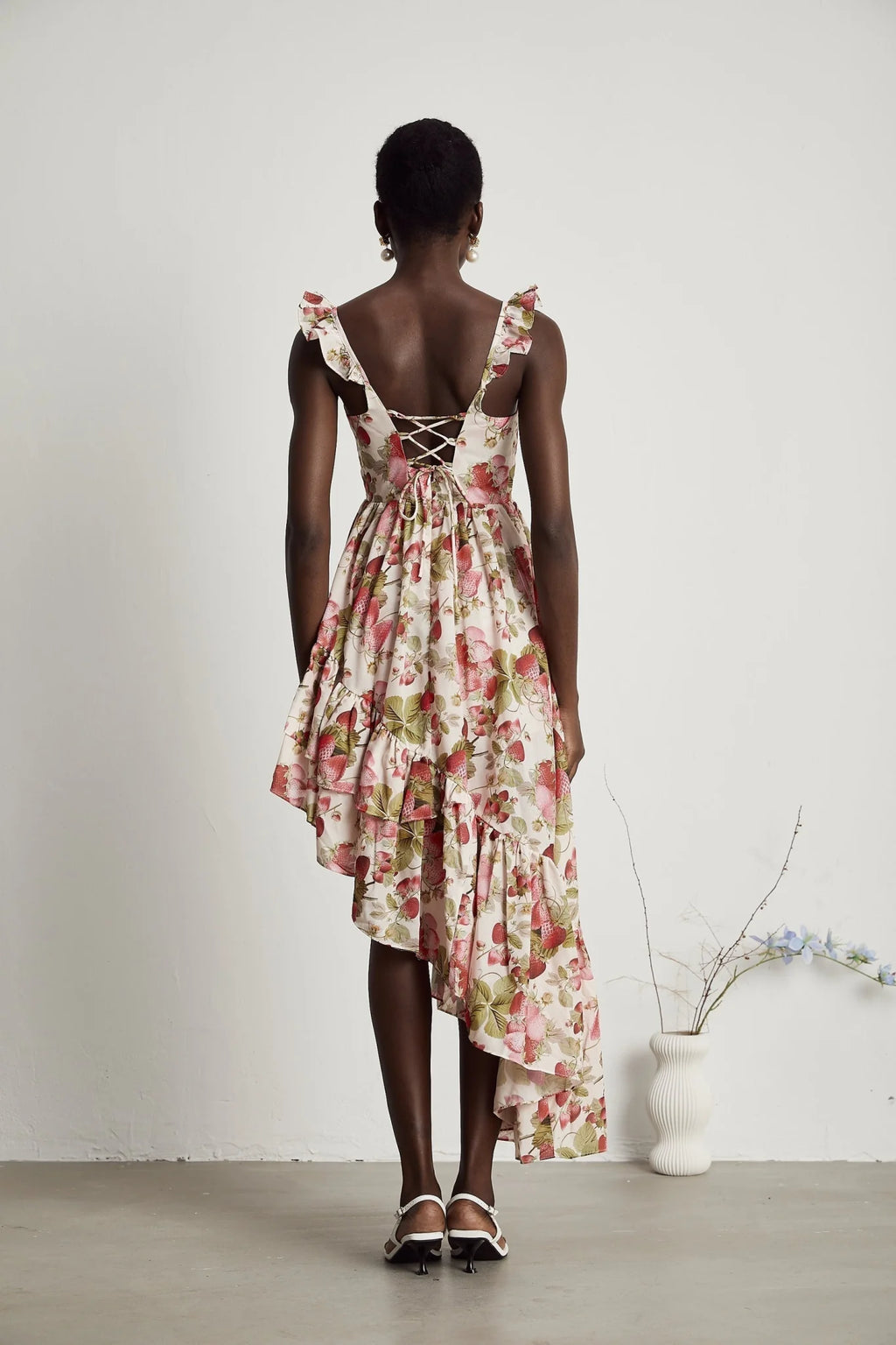 Jada Midi Dress Strawberry Print Asymmetric White & Multicolor