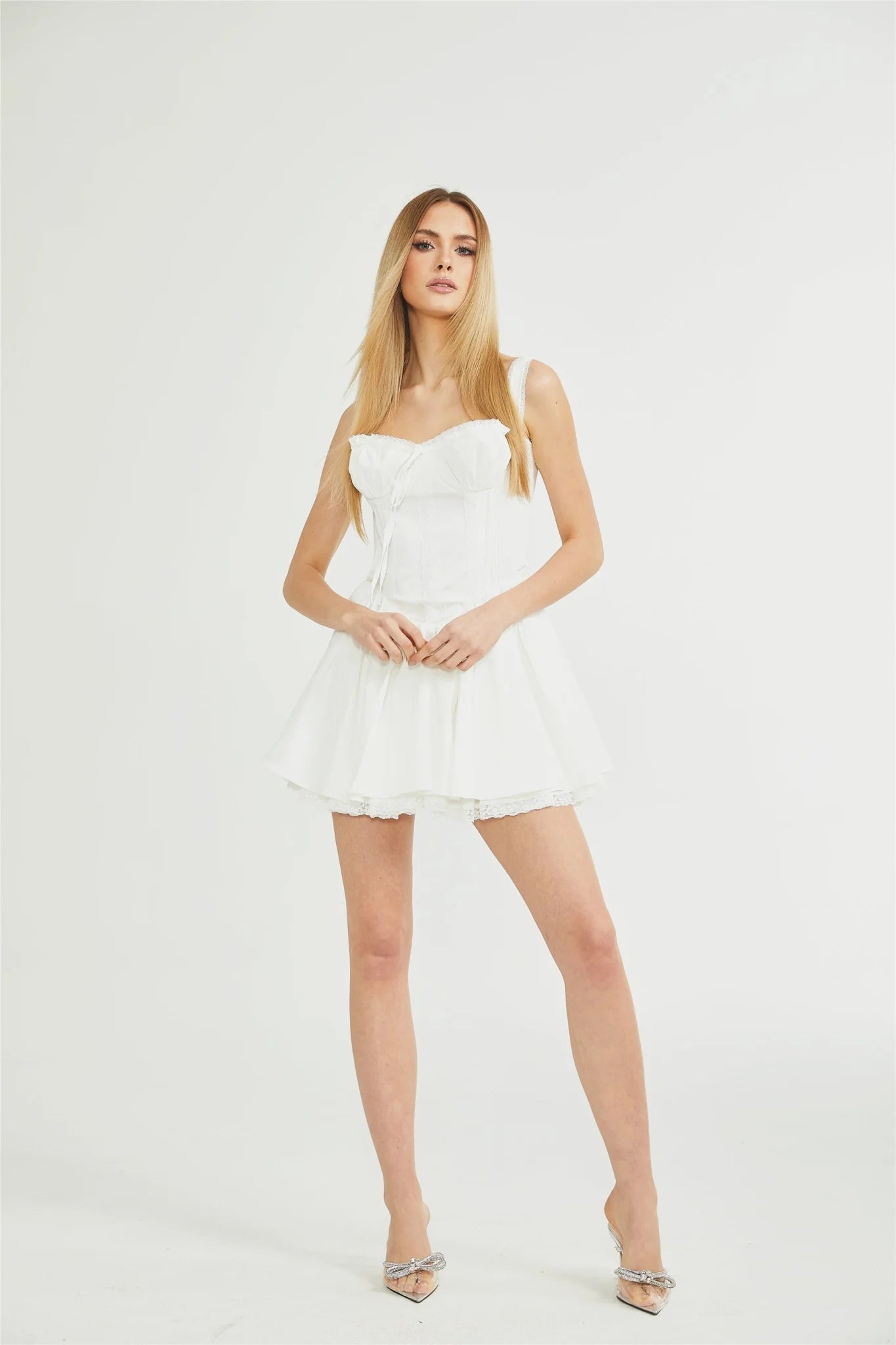 Jada Mini Dress Lace Corset Layered White & Spaghetti Straps