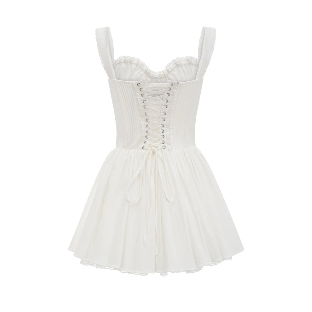 Jada Mini Dress Lace Corset Layered White & Spaghetti Straps