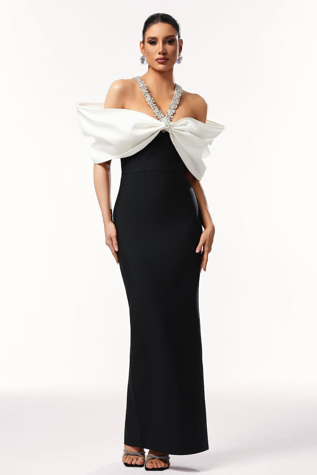 Jamie Black Off-Shoulder Bow Gown with Beaded Detailing