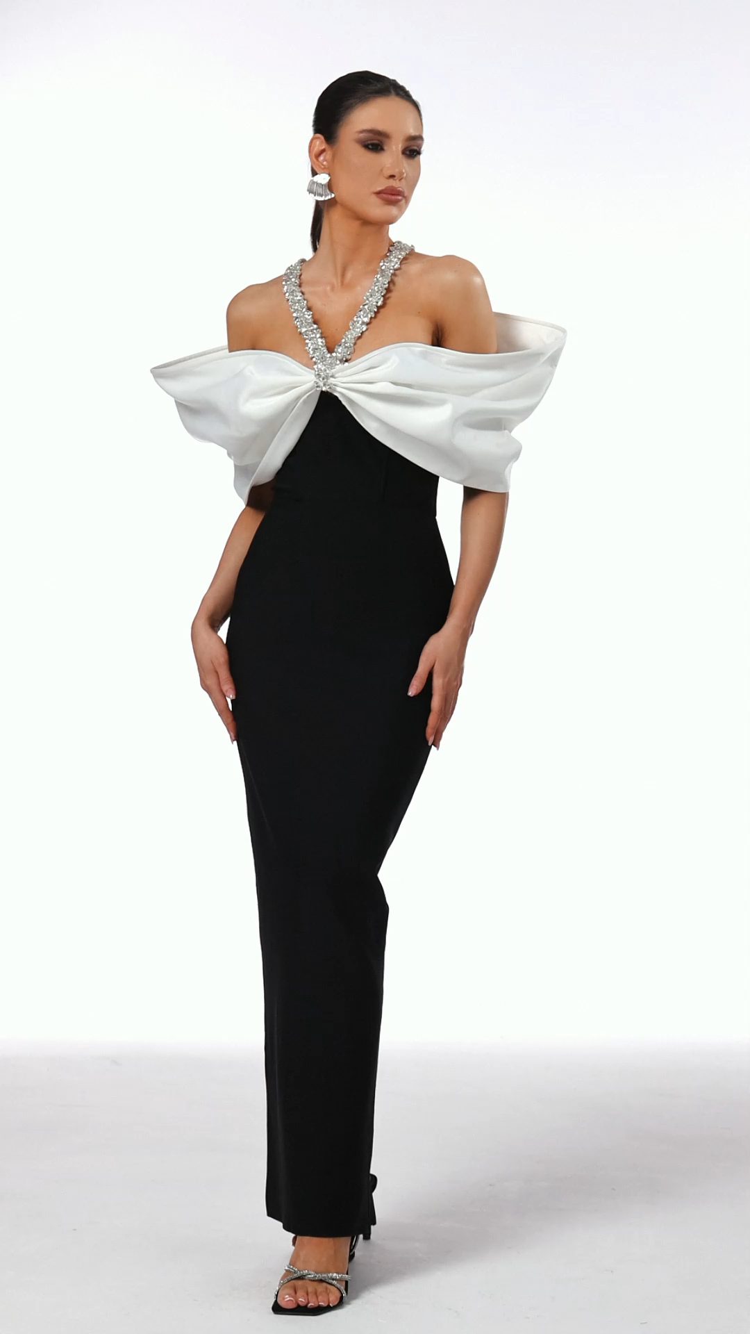 Jamie Black Off-Shoulder Bow Gown with Beaded Detailing
