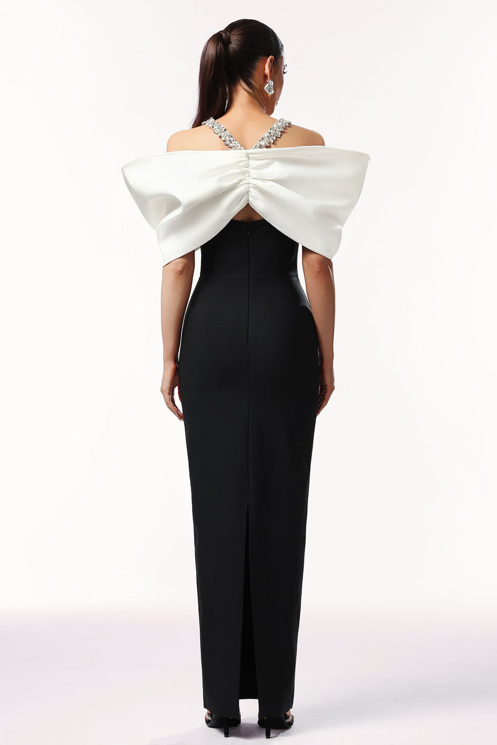Jamie Black Off-Shoulder Bow Gown with Beaded Detailing