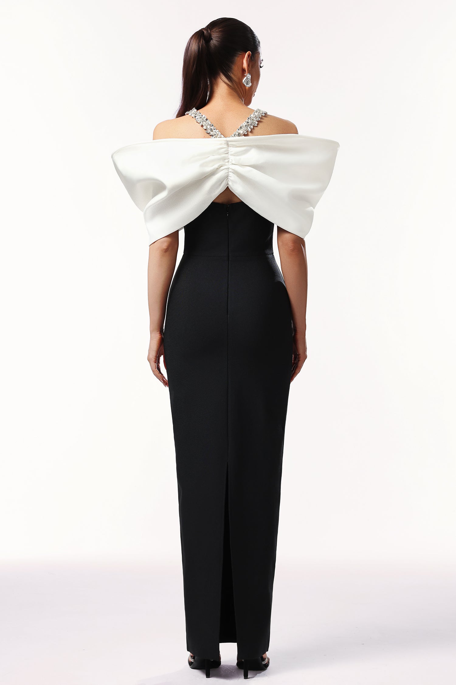 Jamie Black Off-Shoulder Bow Gown with Beaded Detailing