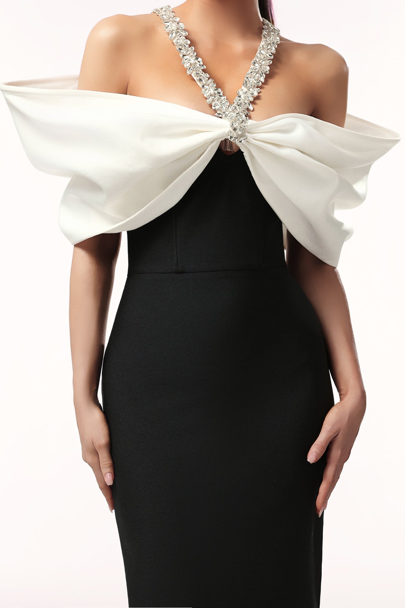 Jamie Black Off-Shoulder Bow Gown with Beaded Detailing