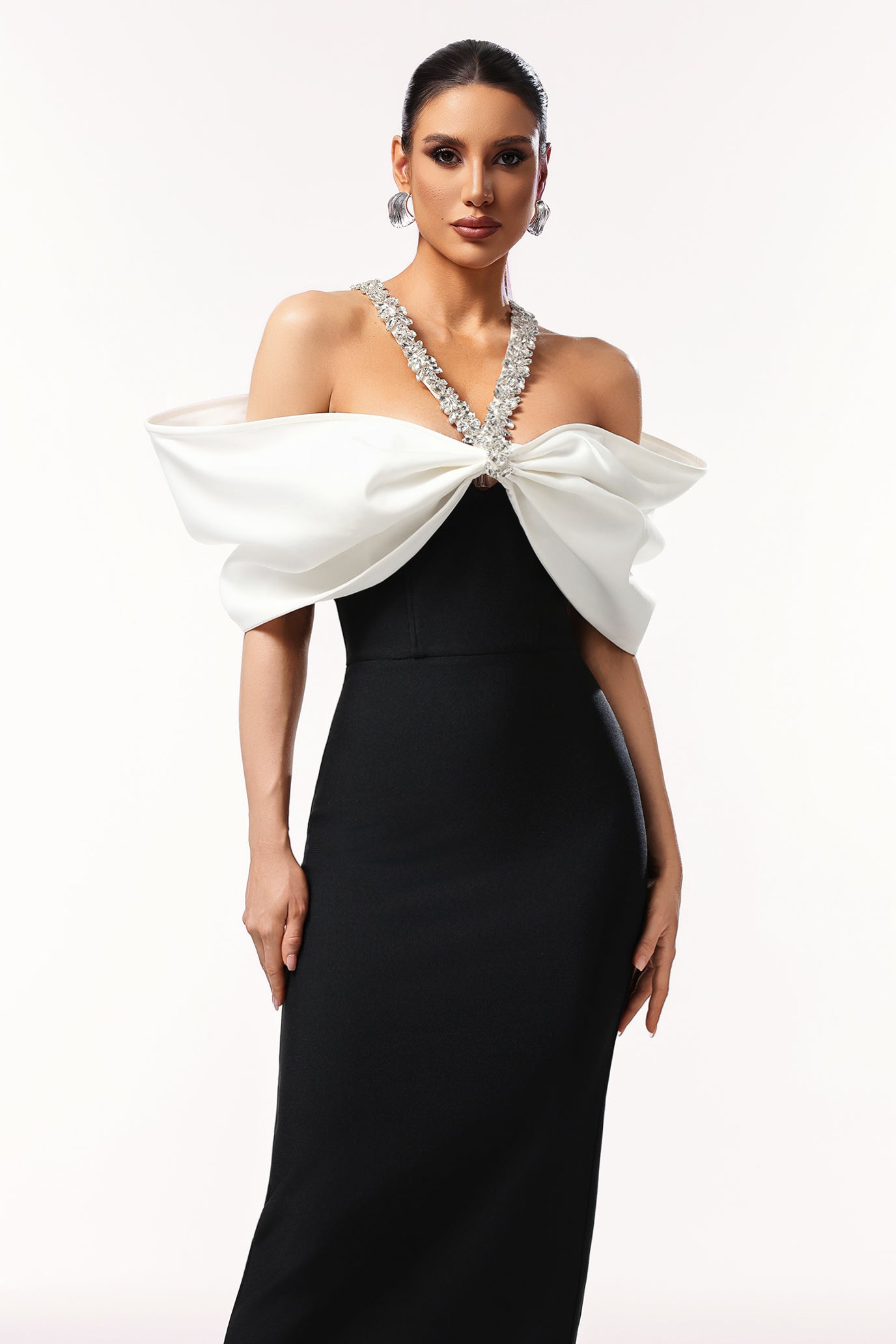 Jamie Black Off-Shoulder Bow Gown with Beaded Detailing