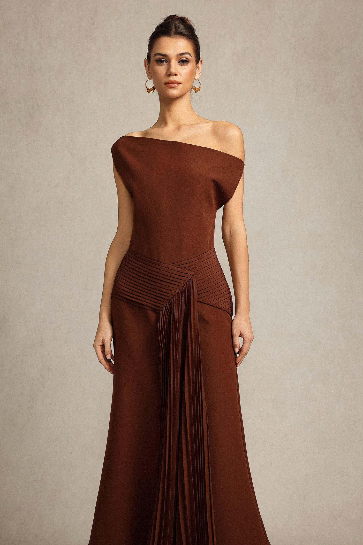 Jamie Brown Midi Dress with Oblique Shoulder and Pleated Waist Detail for Evening Events or Formal Gatherings