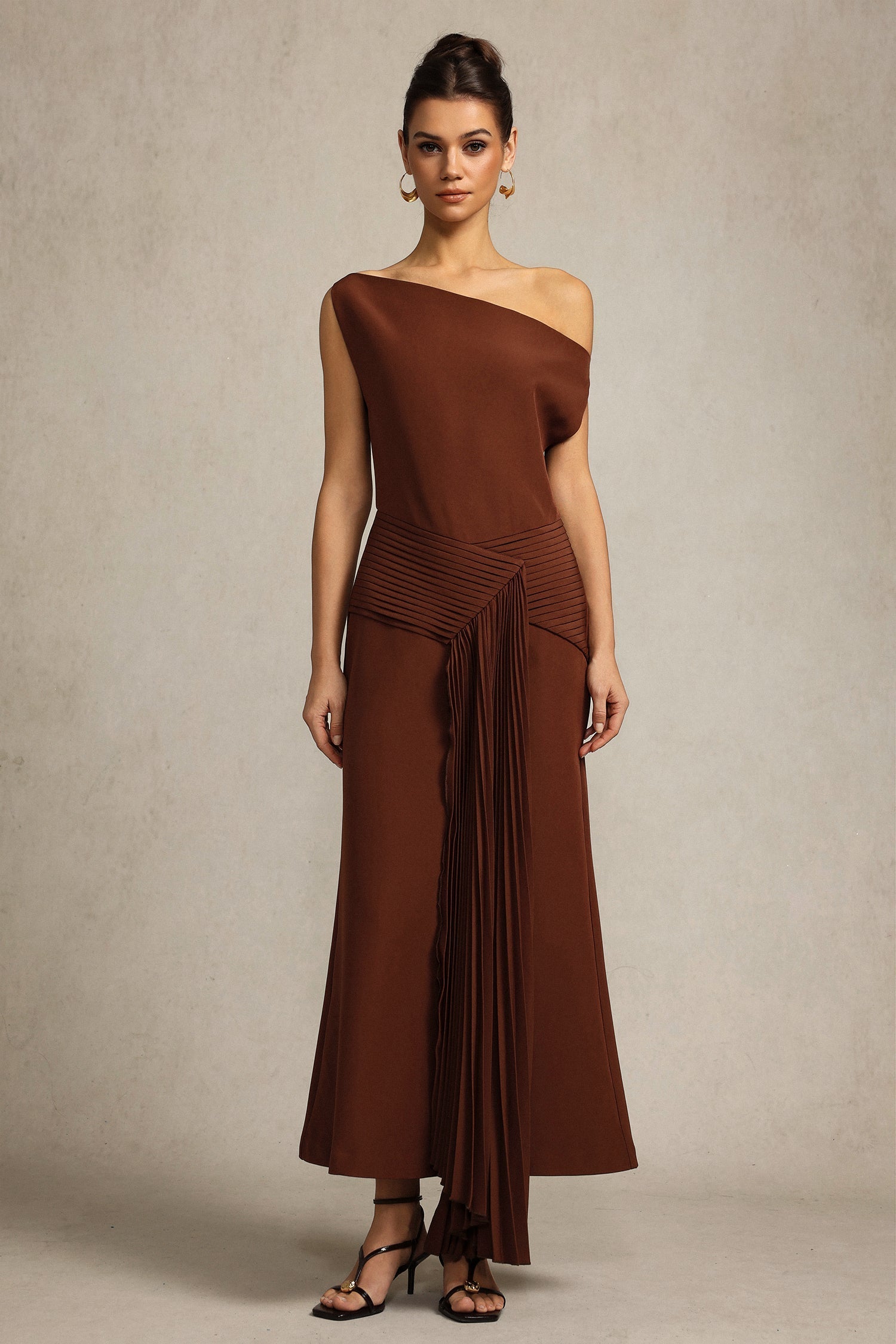 Jamie Brown Midi Dress Oblique Shoulder Elegant Draping Pleated Design Versatile Style Formal Gatherings Comfort Chic Fashion Functionality Timeless Piece
