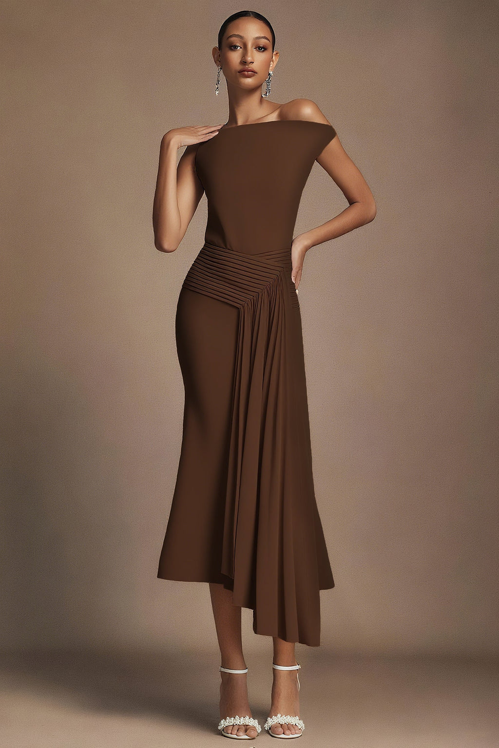 Jamie Brown Midi Dress Oblique Shoulder High Quality Fabric Waist Detailing Pleated Design Elegant Sophisticated Versatile Chic Comfortable Fashionable