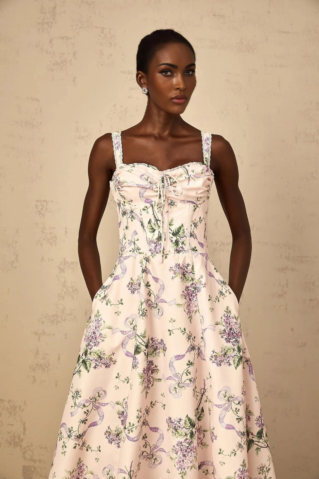 Jamie Midi Dress Pink Floral Print Shirred Calf - Length & Boned Bodice