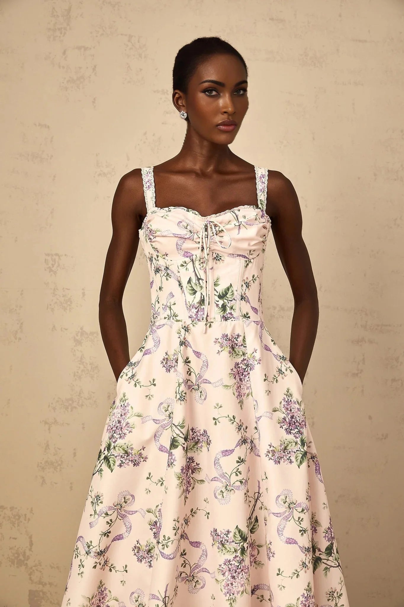 Jamie Midi Dress Pink Floral Print Shirred Calf - Length & Boned Bodice