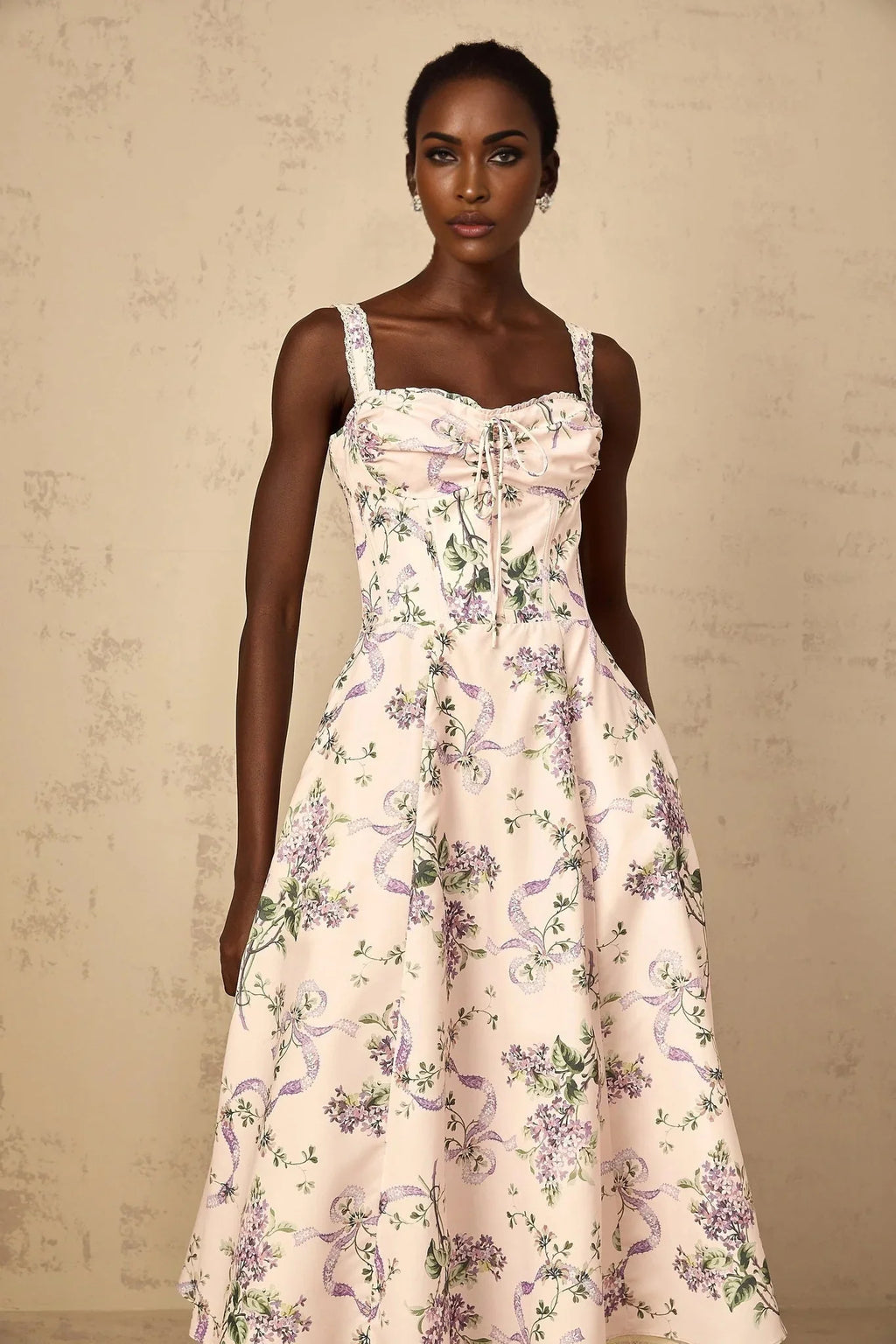 Jamie Midi Dress Pink Floral Print Shirred Calf - Length & Boned Bodice