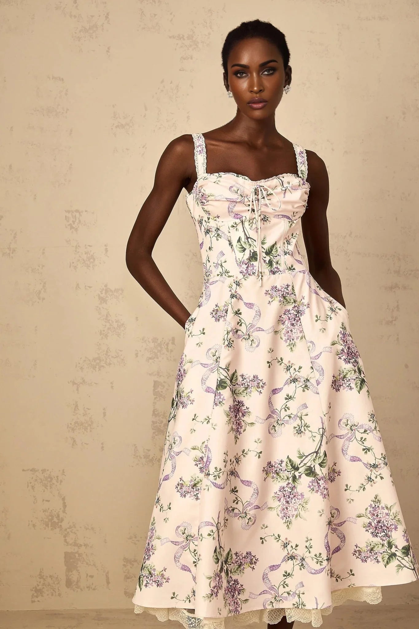 Jamie Midi Dress Pink Floral Print Shirred Calf - Length & Boned Bodice