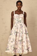 Jamie Midi Dress Pink Floral Print Shirred Calf - Length & Boned Bodice