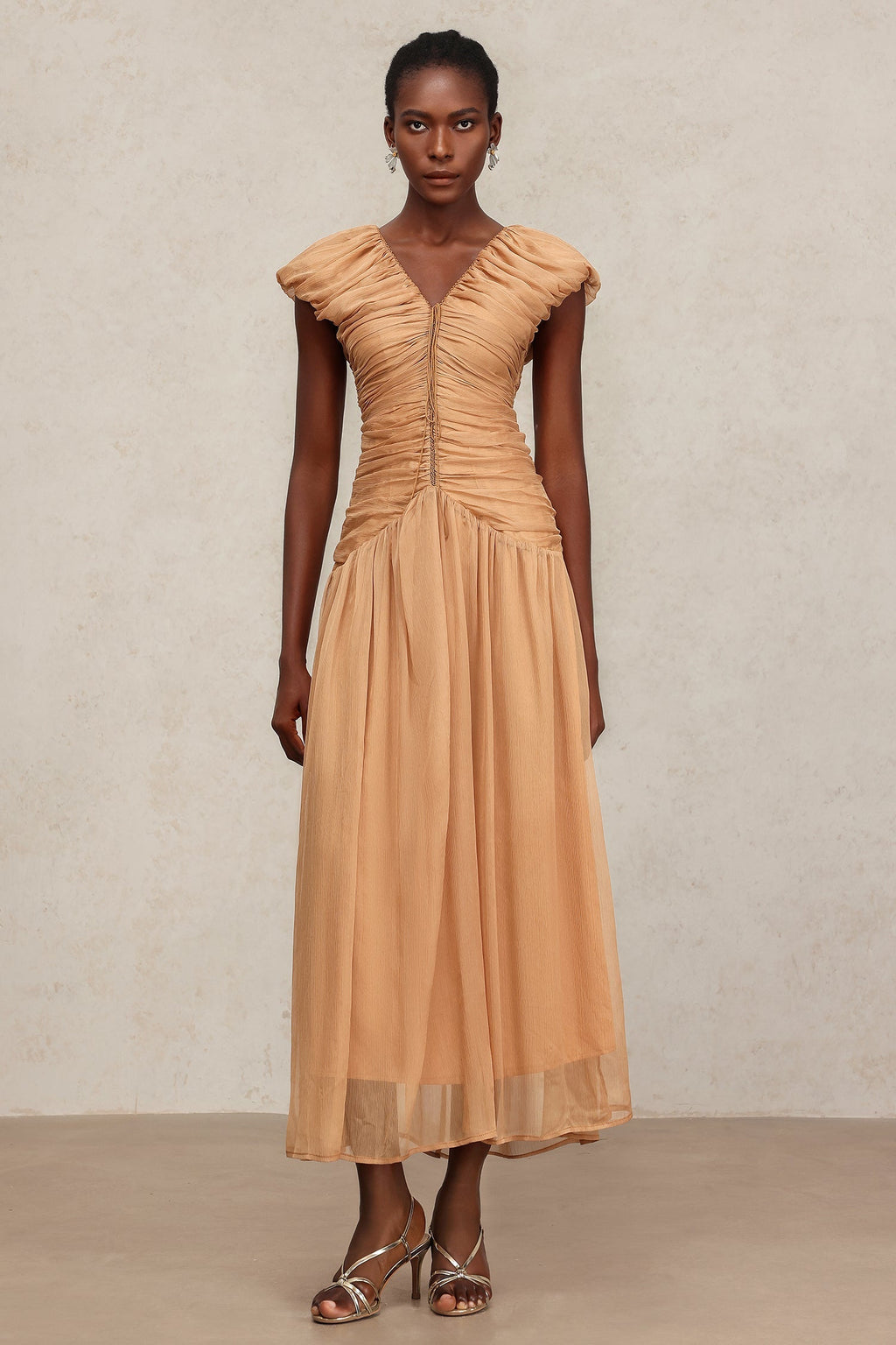 Janessa Beige Maxi Dress V-neckline Ruched Detailing Cap Sleeves Formal Events Lightweight Fabric Comfortable Fit