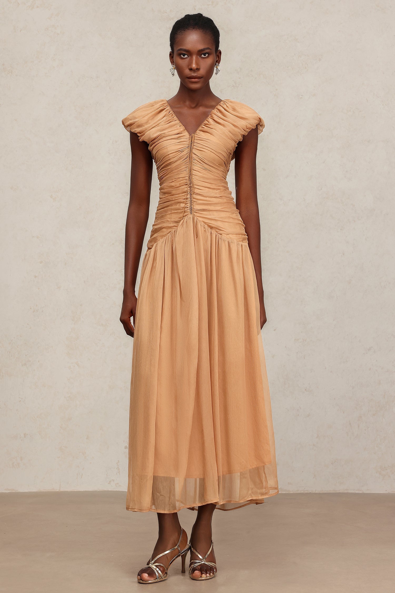 Janessa Beige Maxi Dress V-neckline Ruched Detailing Cap Sleeves Formal Events Lightweight Fabric Comfortable Fit