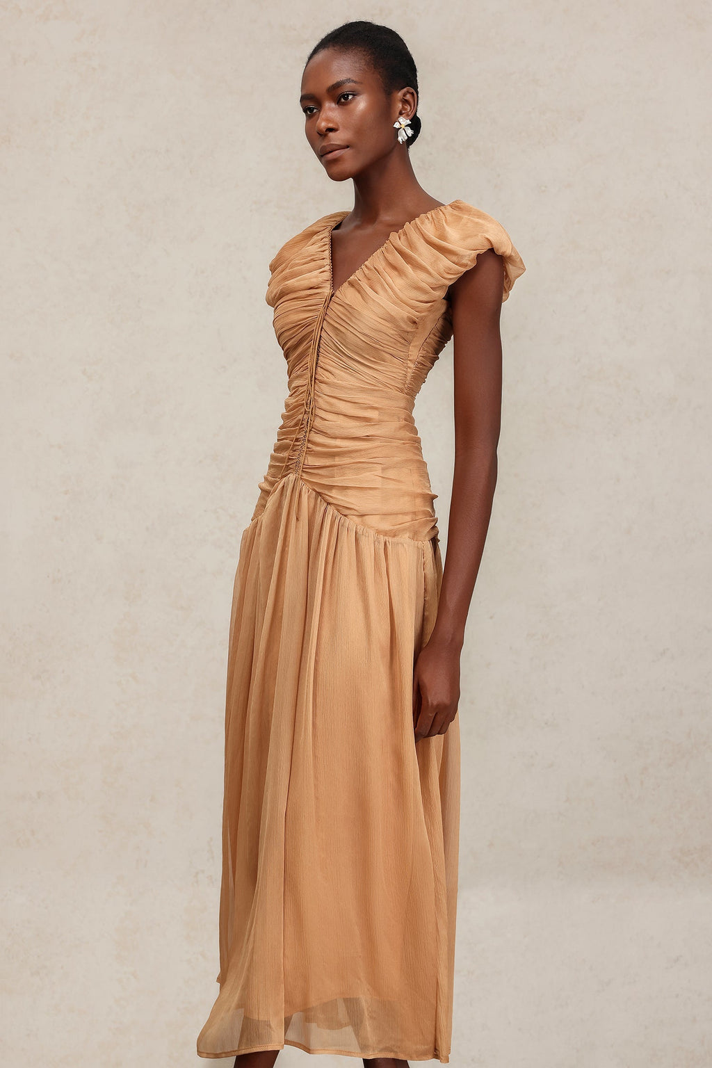 Janessa Beige Maxi Dress V-Neckline Sleeveless Ruched Detailing Cap Sleeves Lightweight Fabric Elegant