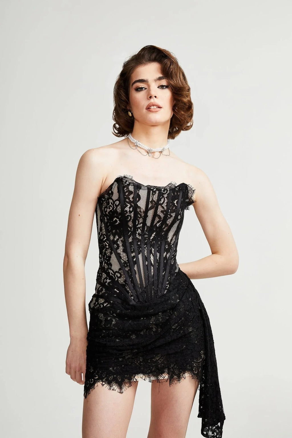 Janessa Mini Dress Black Lace Strapless Ribbon Pierced