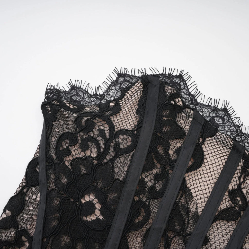 Janessa Mini Dress Black Lace Strapless Ribbon Pierced