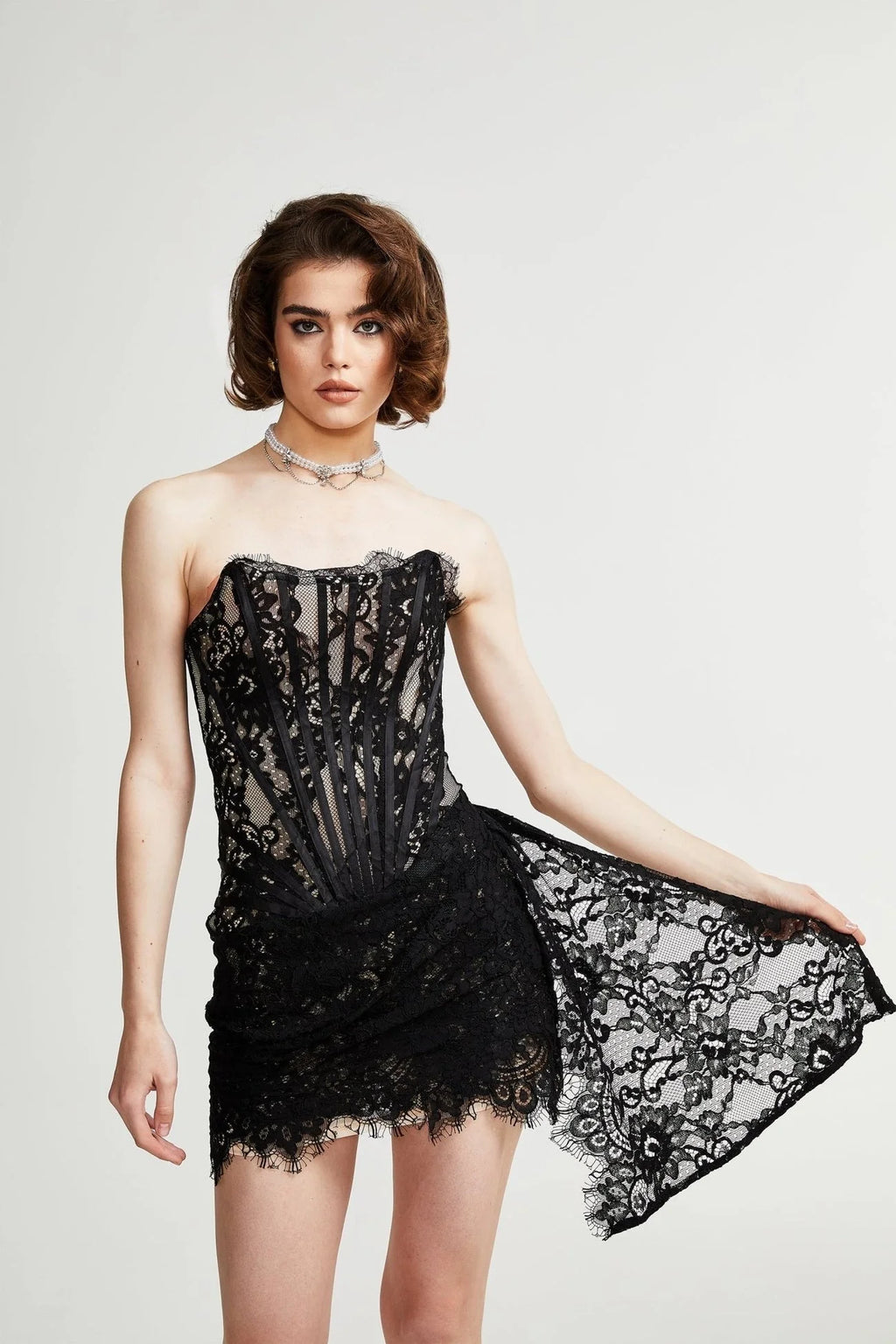 Janessa Mini Dress Black Lace Strapless Ribbon Pierced