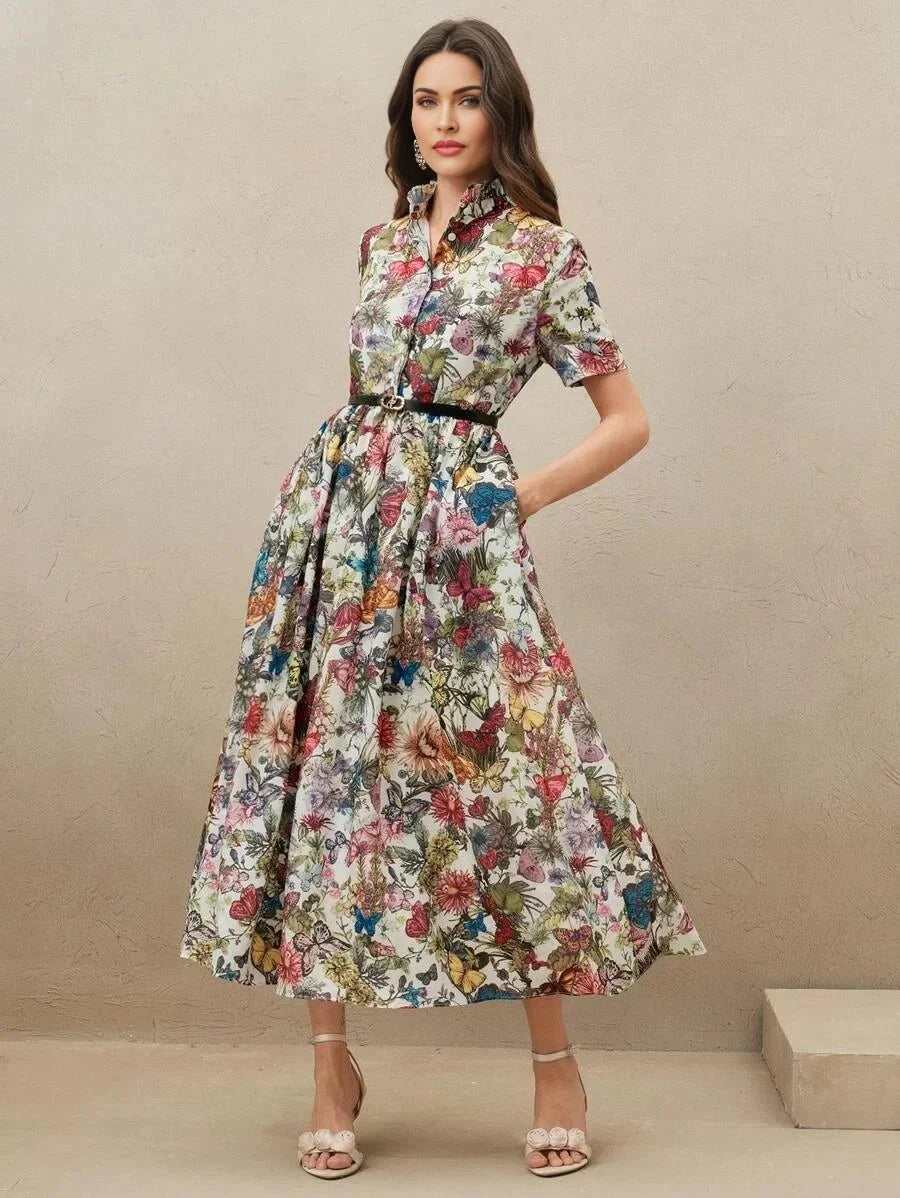 Jasmine Midi Dress - Notched Neckline - Flared Hem - High Waist - Boho Style - Floral Print