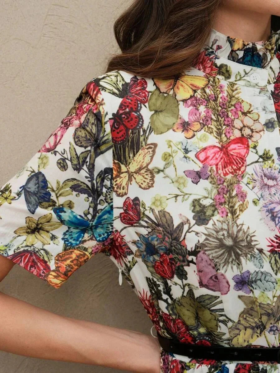 Jasmine Midi Dress - Notched Neckline - Flared Hem - High Waist - Boho Style - Floral Print
