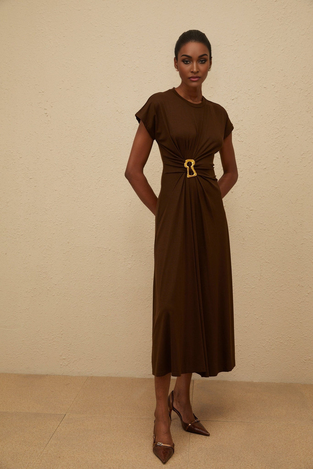 Jasmine Midi Dress - Round Neck - Cap Sleeves - Fitted Waistline - Gathered Detailing