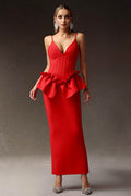 Jasmine Red Deep V Falbala Waist Dress
