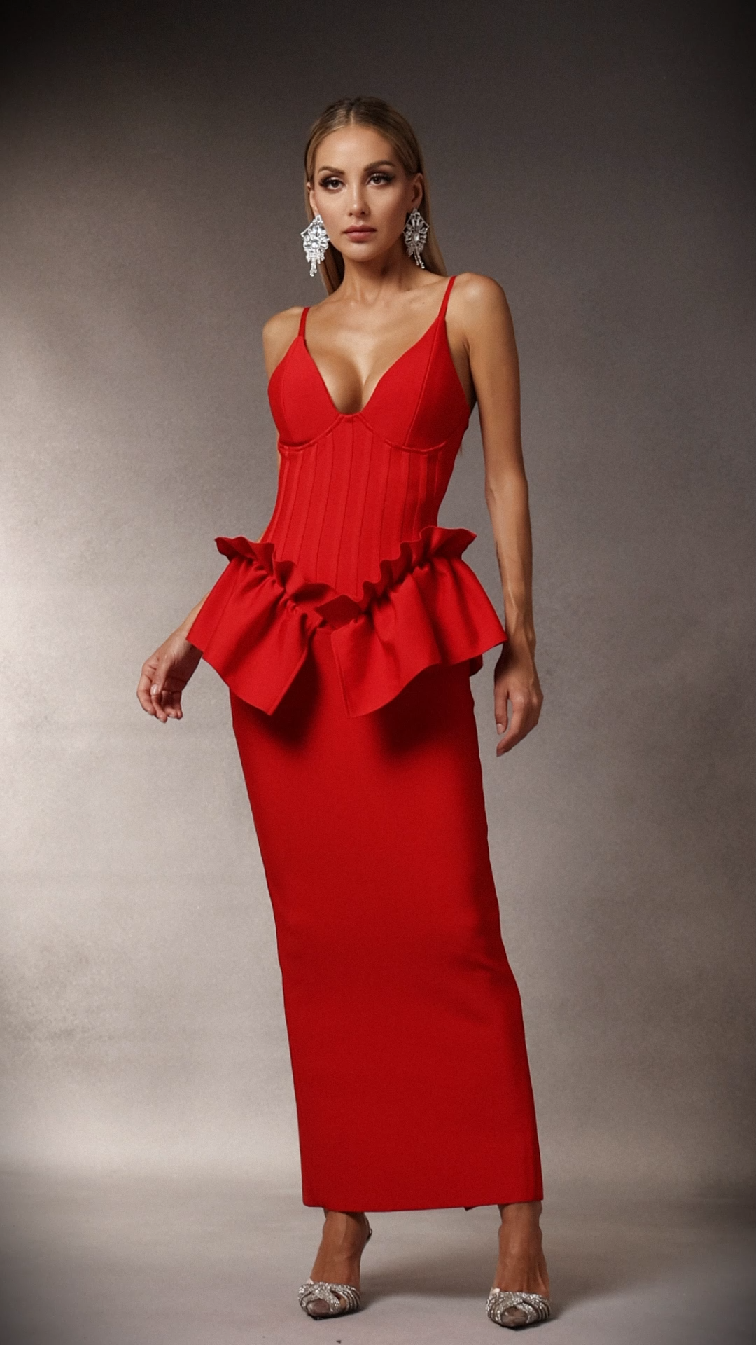 Jasmine Red Falbala Waist Deep-V Evening Dress