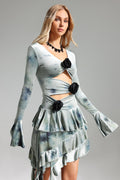 Jayla Green Tie-Dye Floral Ruffle Hem Long Sleeve Dress