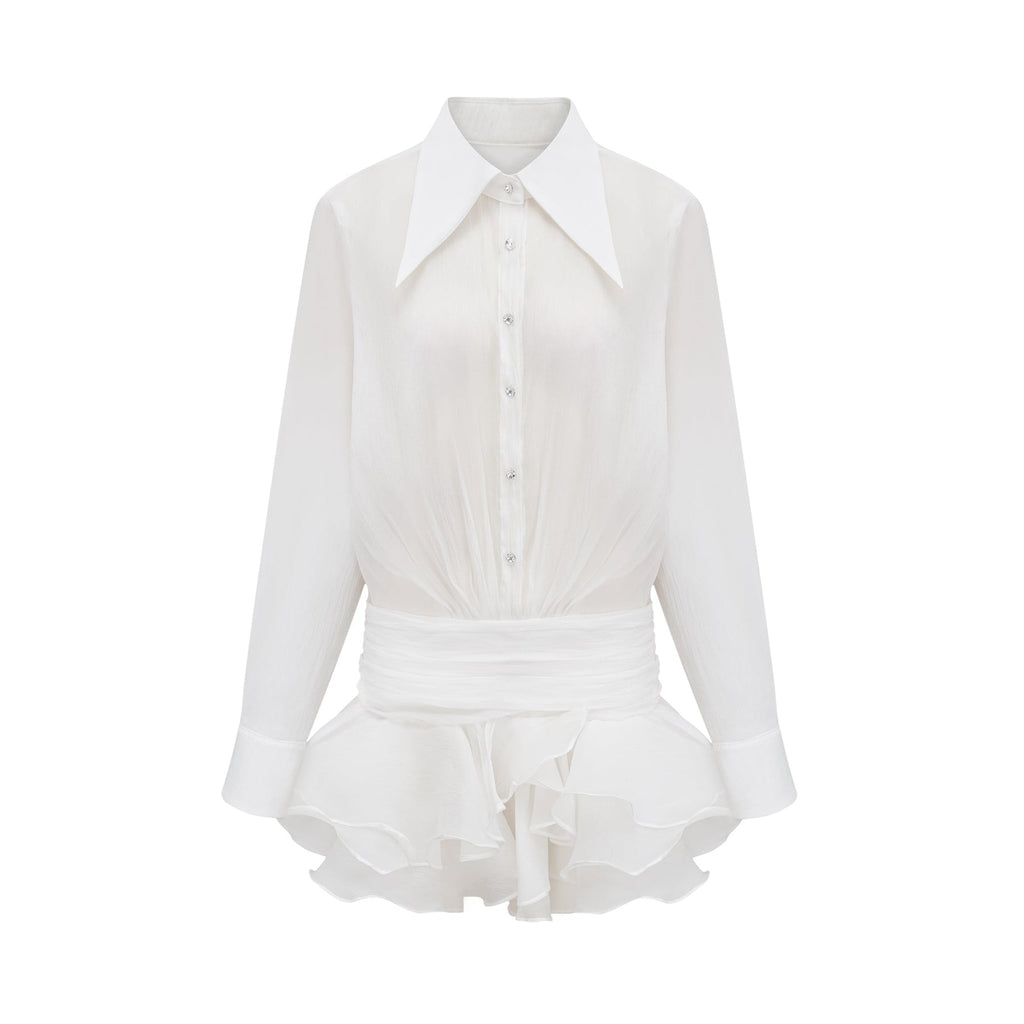 Jayla White Ruffled Blouse With Pointed Collar And Embellished Buttons