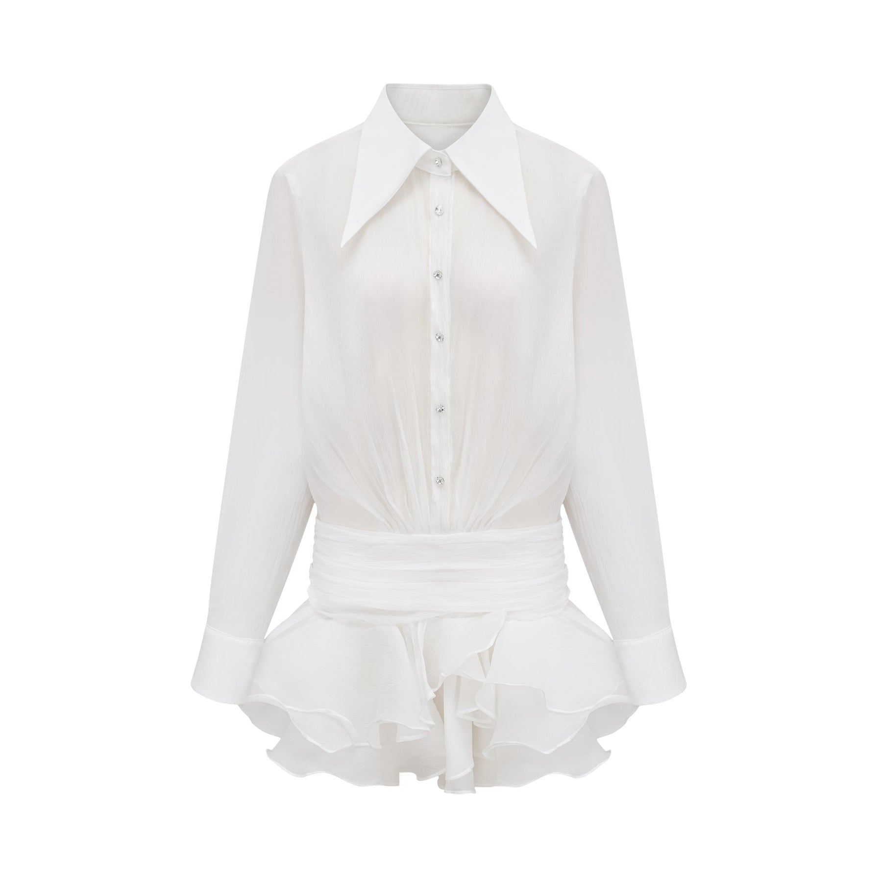 Jayla White Ruffled Blouse With Pointed Collar And Embellished Buttons
