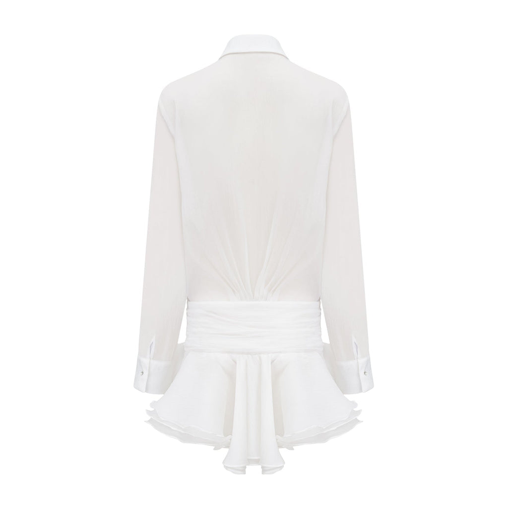 Jayla White Ruffled Blouse With Pointed Collar And Embellished Buttons