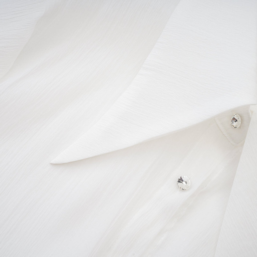 Jayla White Ruffled Blouse With Pointed Collar And Embellished Buttons