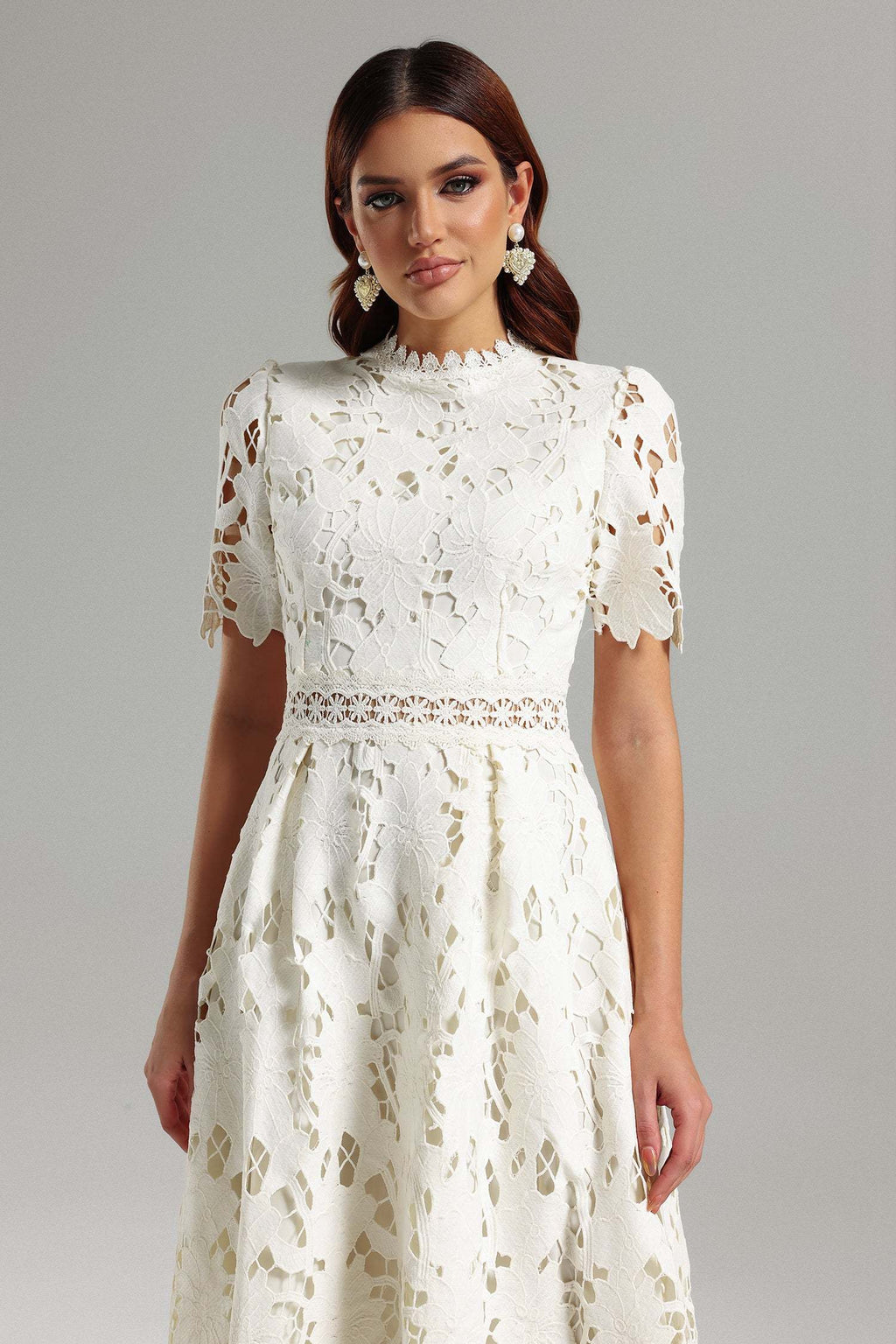 Jazlyn White Lace Midi Dress High Neckline Short Sleeve Cutwork Design Floral Pattern Elegant Summer Garden Party Wedding Brunch Romantic Evening Comfortable Stylish Sophisticated Modern Beauty