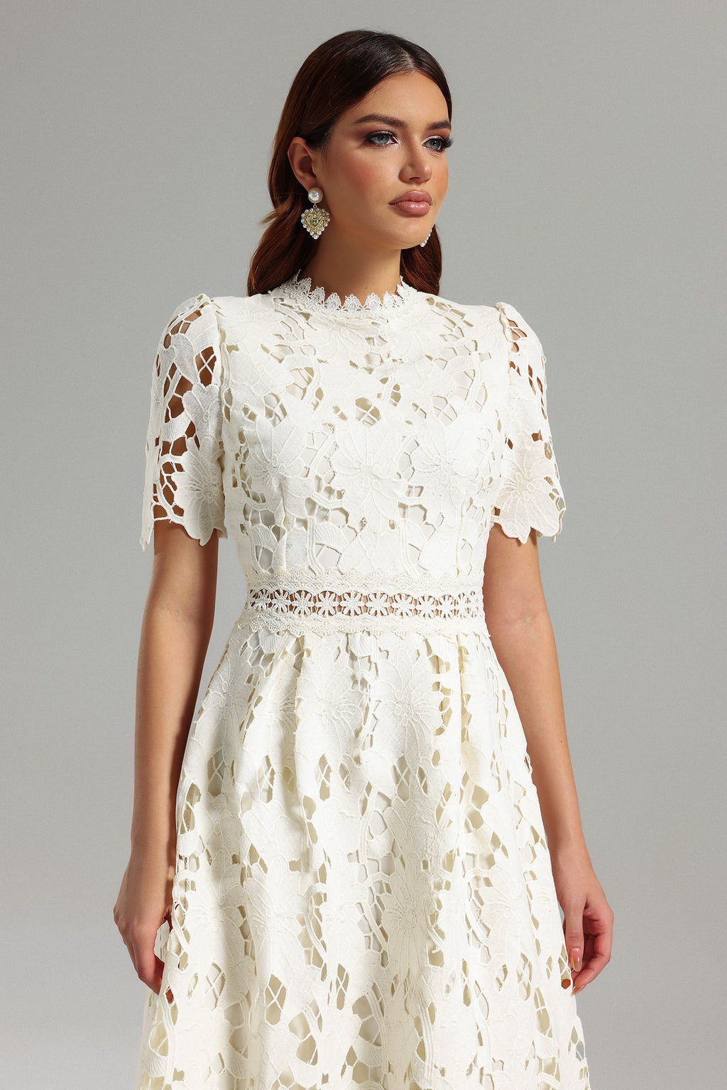Jazlyn White Lace Midi Dress High Neckline Short Sleeves Cutwork Design Floral Patterns Elegant Summer Garden Party Wedding Brunch Romantic Evening Sophisticated Comfortable Stylish Graceful Flow