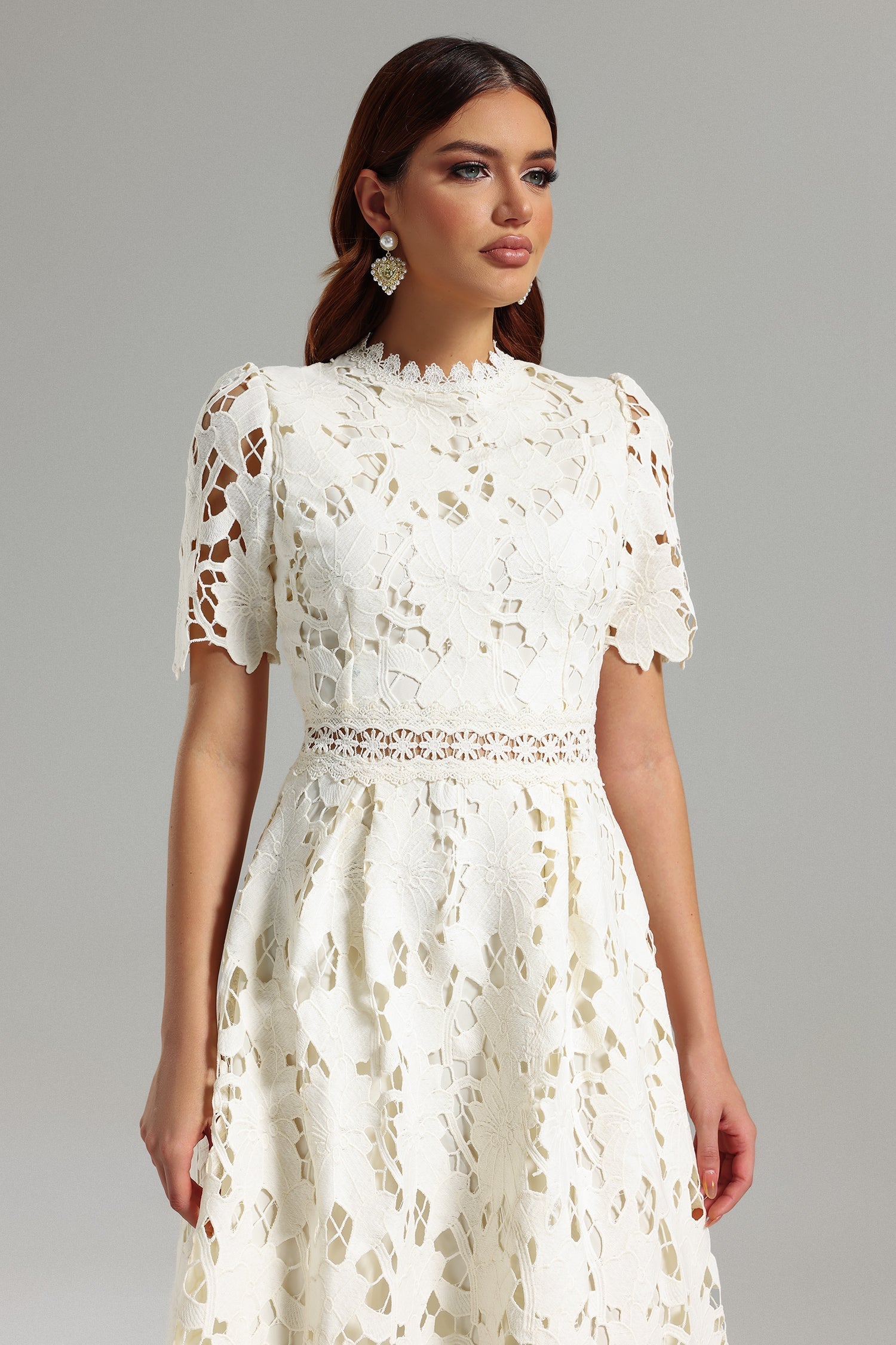Jazlyn White Lace Midi Dress High Neckline Short Sleeves Cutwork Design Floral Patterns Elegant Summer Garden Party Wedding Brunch Romantic Evening Sophisticated Comfortable Stylish Graceful Flow