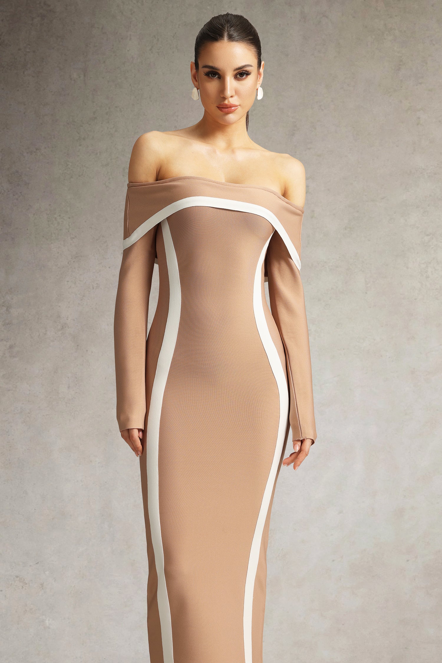 Jelena Brown Off-The-Shoulder Bodycon Dress with Contrasting Lines and Long Sleeves