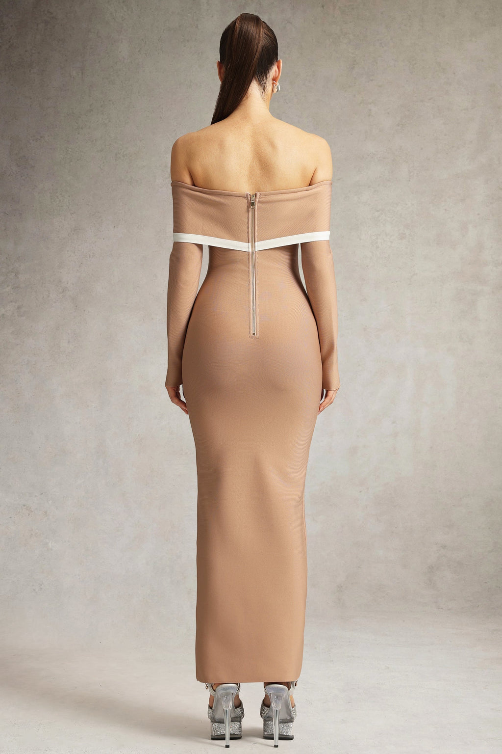 Jelena Brown Off-The-Shoulder Bodycon Dress with Contrasting Lines Long Sleeves