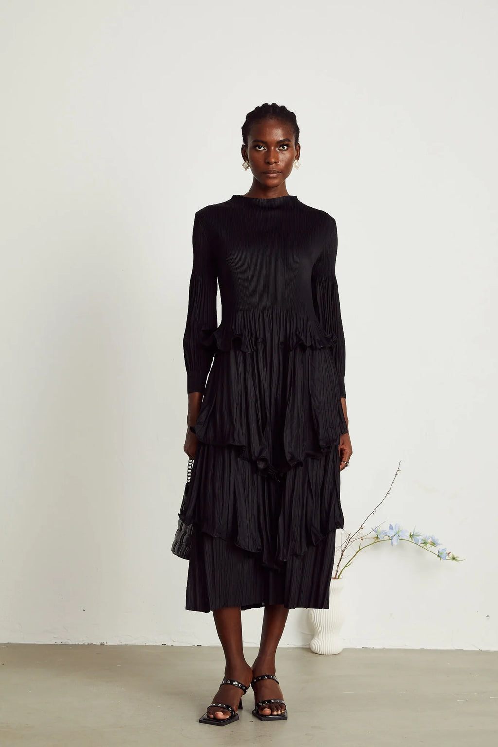 Jelena Midi Dress - Pleated & Tiered Ruffled Black with Long Sleeves