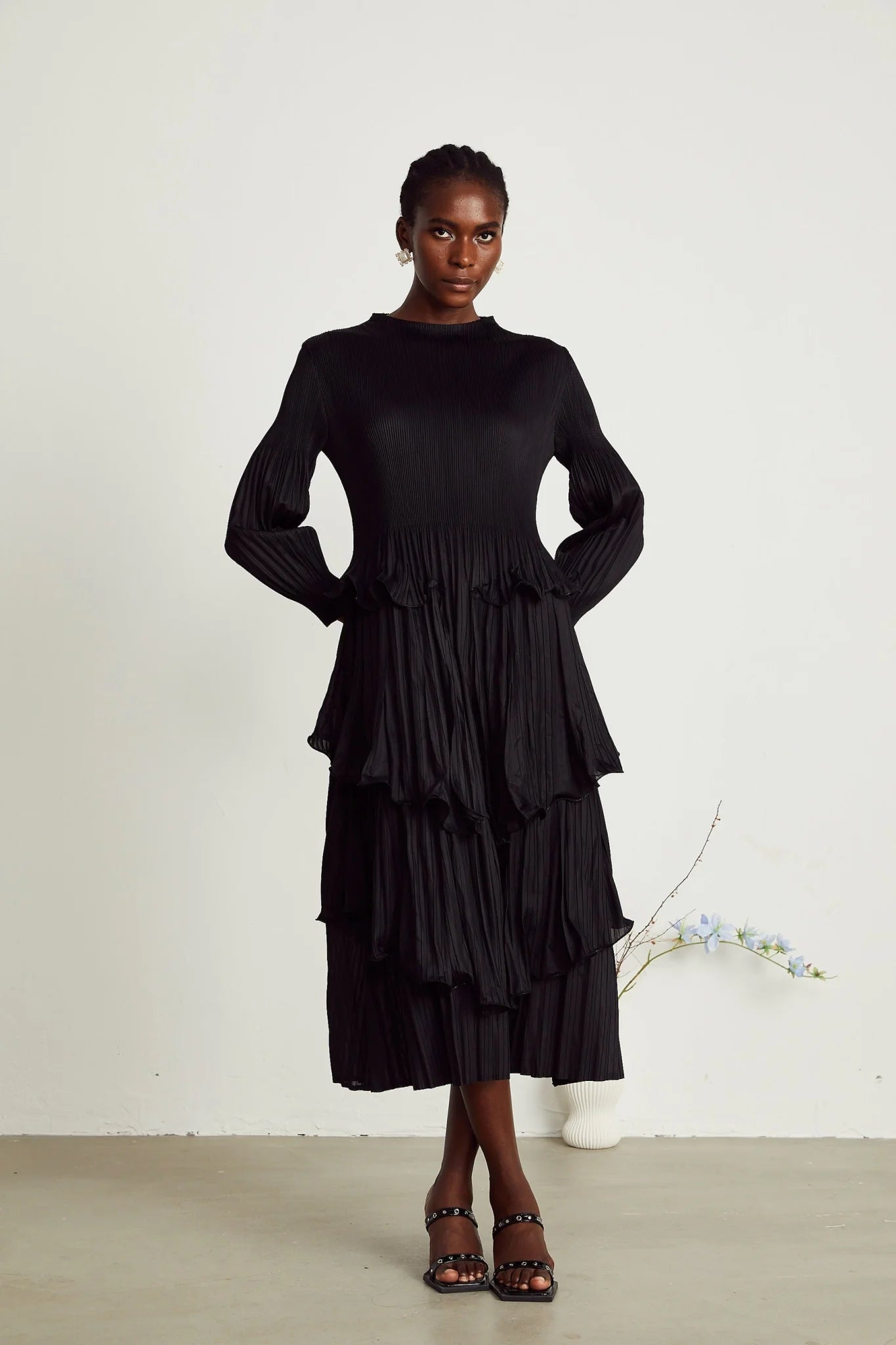 Jelena Midi Dress - Pleated & Tiered Ruffled Black with Long Sleeves