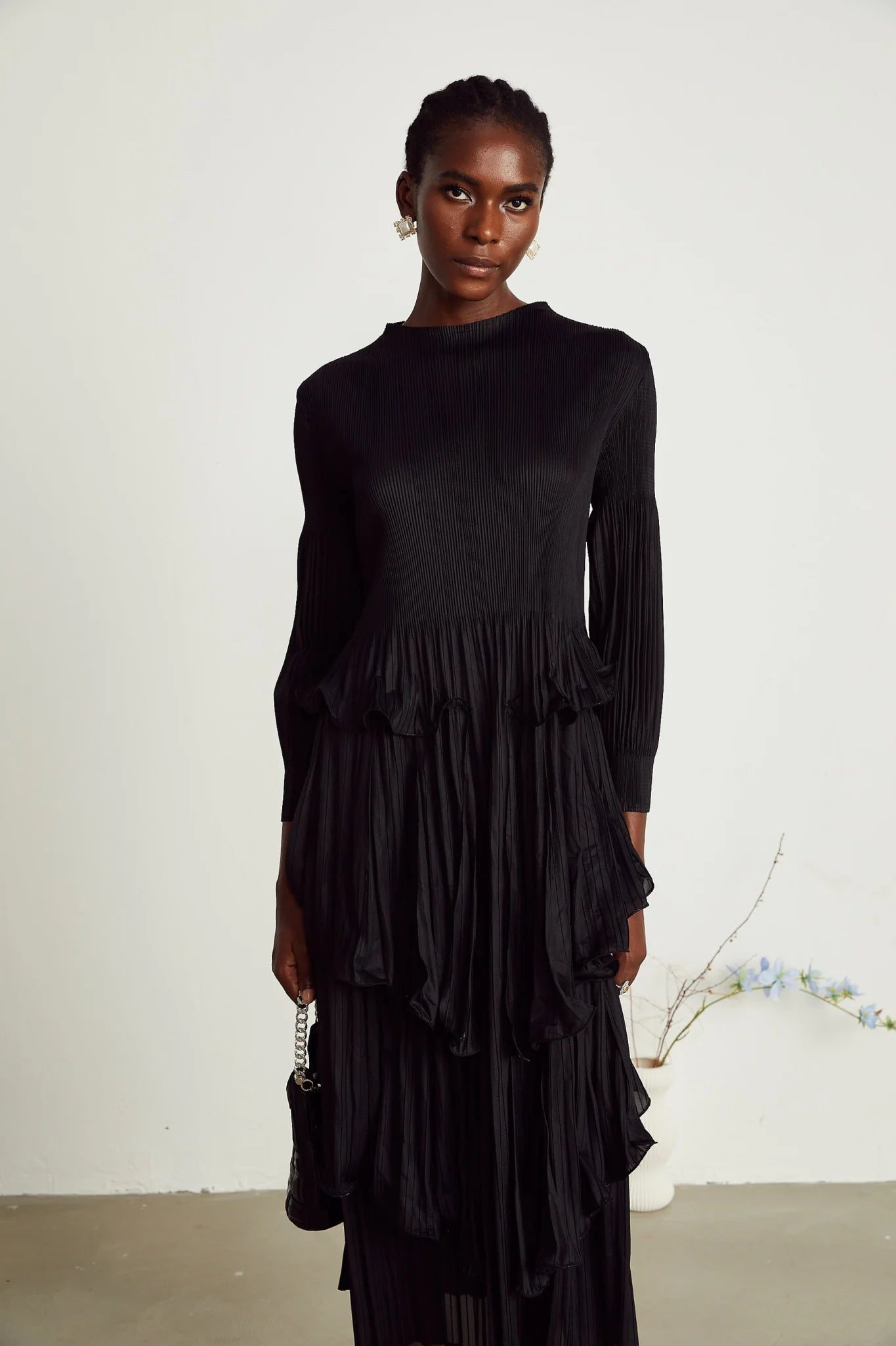 Jelena Midi Dress - Pleated & Tiered Ruffled Black with Long Sleeves