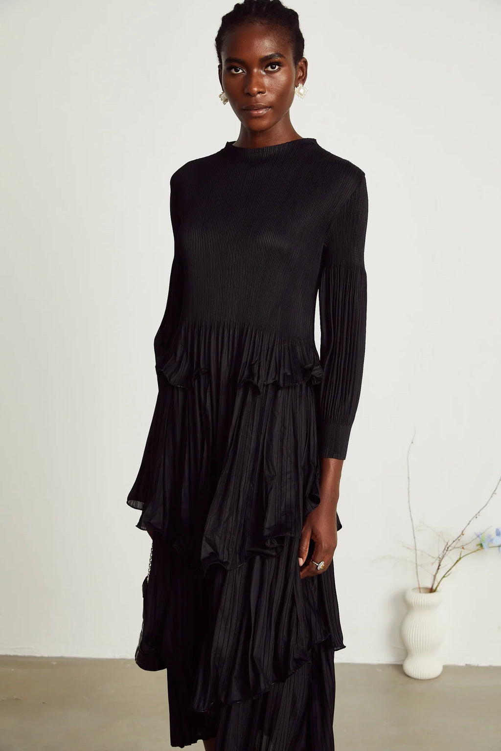 Jelena Midi Dress - Pleated & Tiered Ruffled Black with Long Sleeves