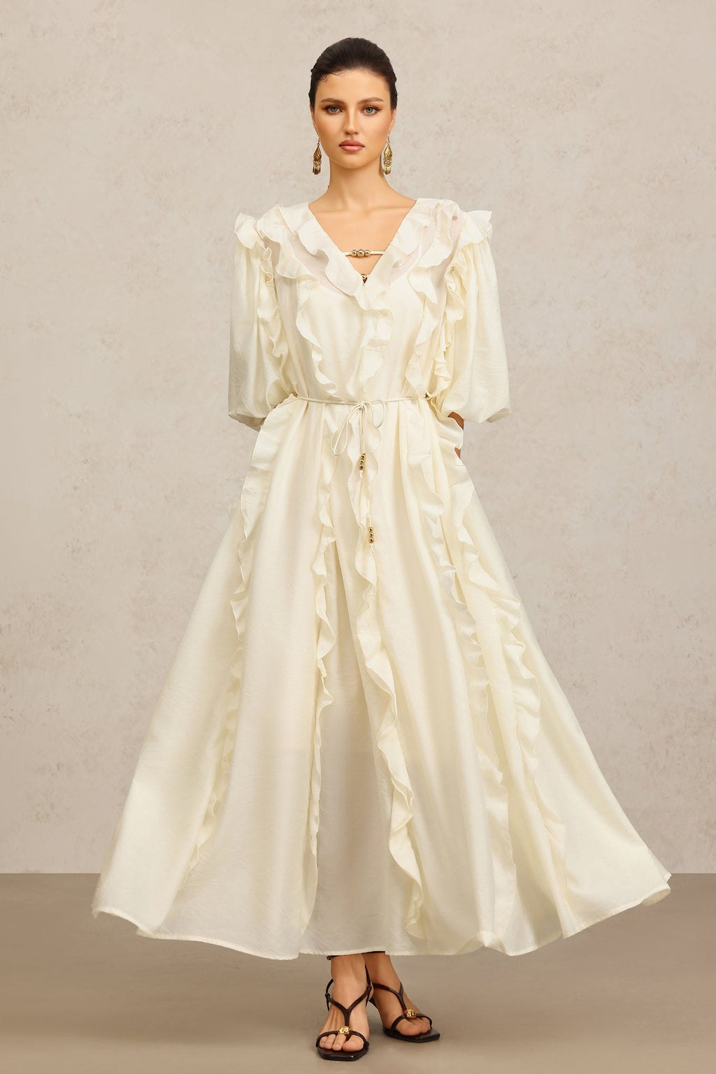 Jenna Beige Maxi Dress V-Neckline Elbow Sleeves Ruffled Detailing Cinched Waist
