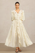 Jenna Beige Maxi Dress V-Neckline Elbow Sleeves Ruffled Detailing Cinched Waist