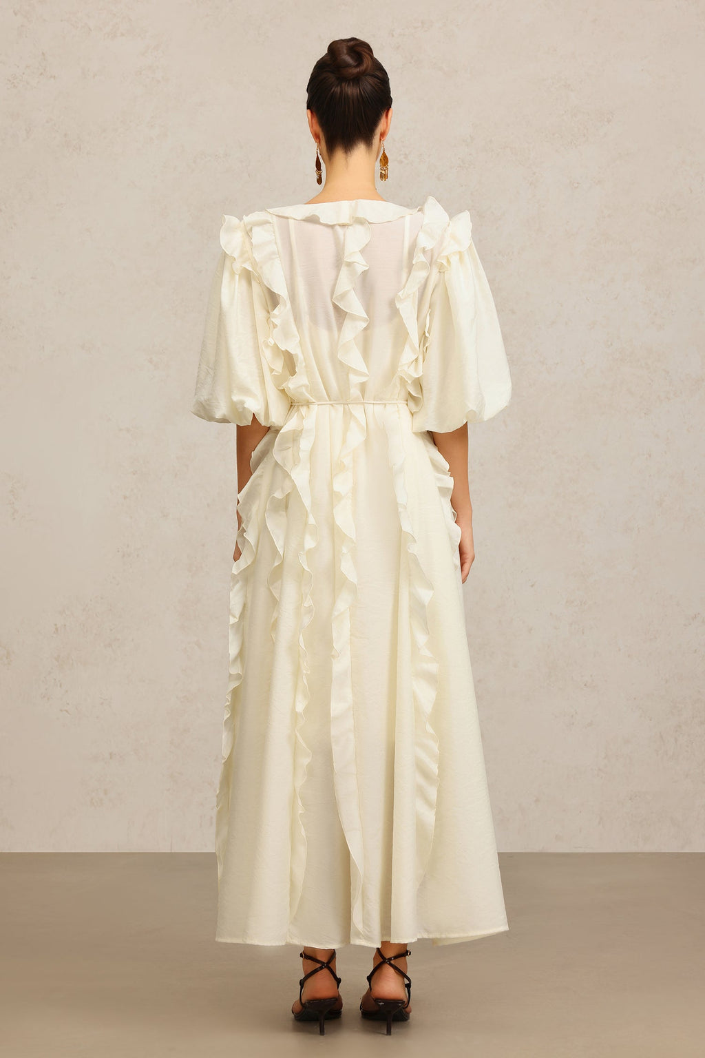 Jenna Beige Maxi Dress V-neckline Elbow Sleeves Ruffled Detailing Cinched Waist Soft Tie Luxurious Fabric Wedding Brunch Night Out Chic