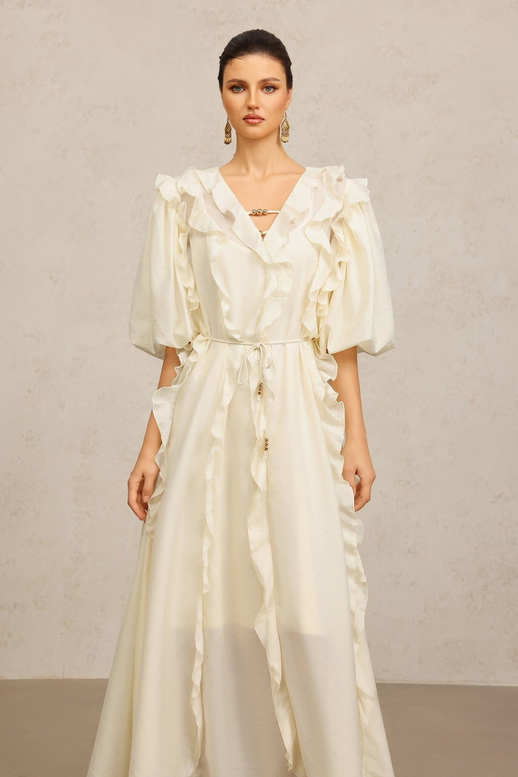 Jenna Beige Maxi Dress V-neckline Elbow Sleeves Ruffled Detailing Cinched Waist Soft Tie Luxurious Fabric Wedding Brunch Night Out Chic