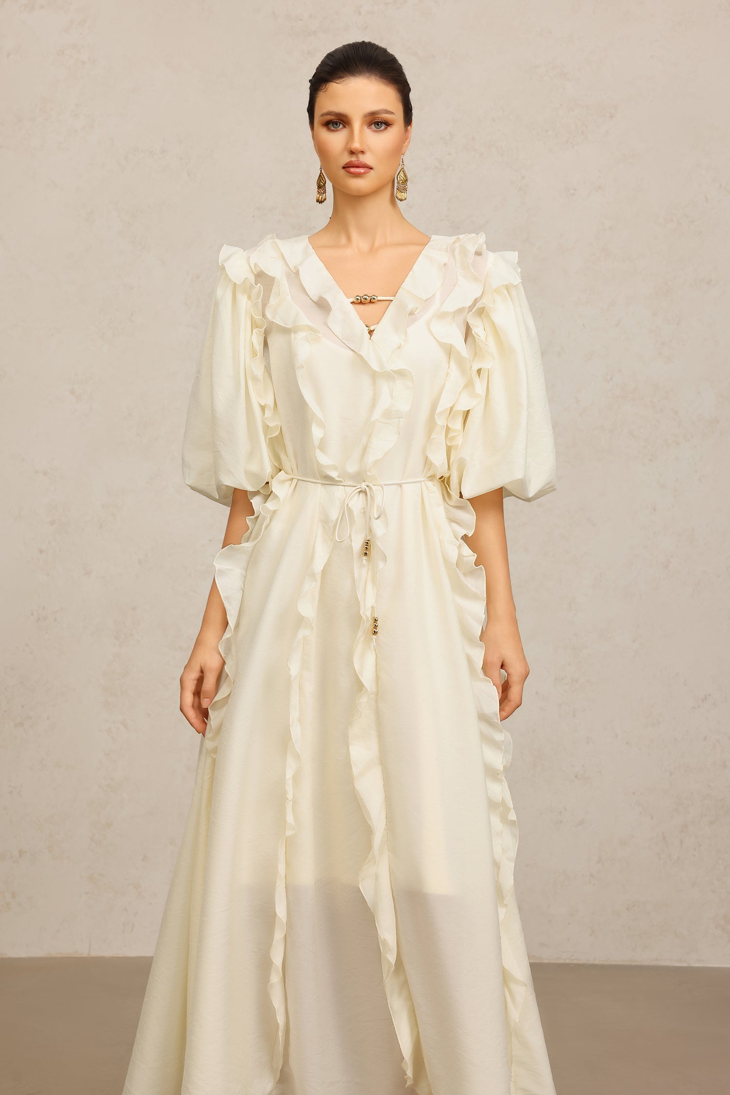 Jenna Beige Maxi Dress V-neckline Elbow Sleeves Ruffled Detailing Cinched Waist Soft Tie Luxurious Fabric Wedding Brunch Night Out Chic
