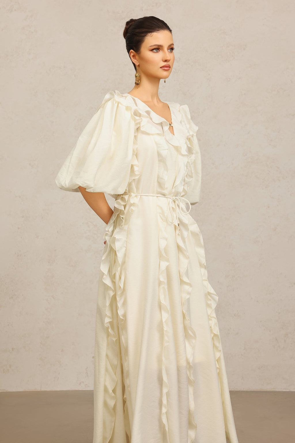 Jenna Beige Maxi Dress V-neckline Elbow Sleeves Ruffled Detailing Cinched Waist Soft Tie Luxurious Fabric Elegant Comfortable Chic Wedding Brunch Night Out