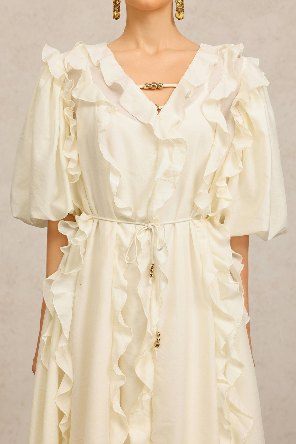 Jenna Beige Maxi Dress V-Neckline Elbow Sleeves Ruffled Detailing Cinched Waist Soft Tie Luxurious Fabric Wedding Brunch Night Out Chic