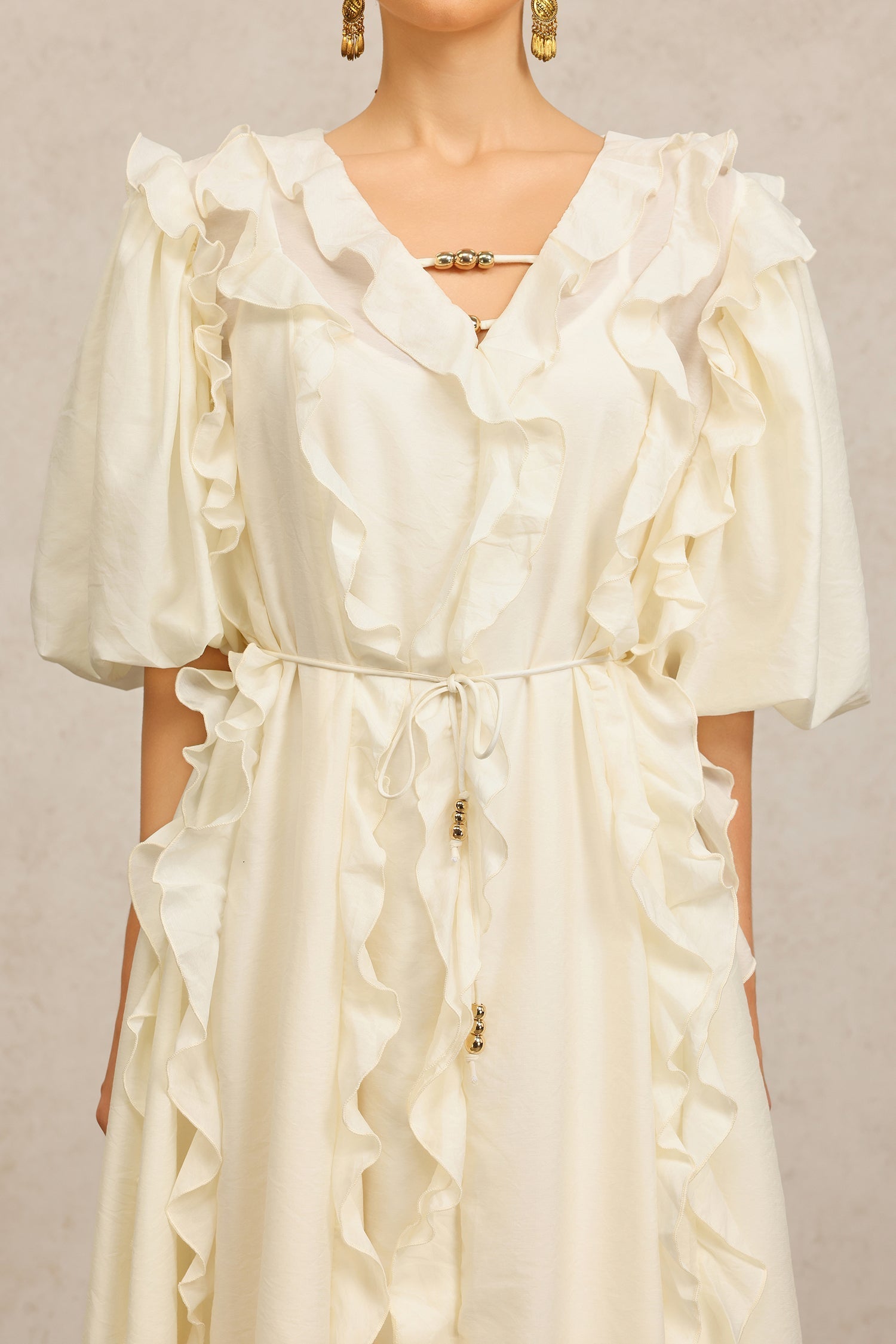 Jenna Beige Maxi Dress V-Neckline Elbow Sleeves Ruffled Detailing Cinched Waist Soft Tie Luxurious Fabric Wedding Brunch Night Out Chic